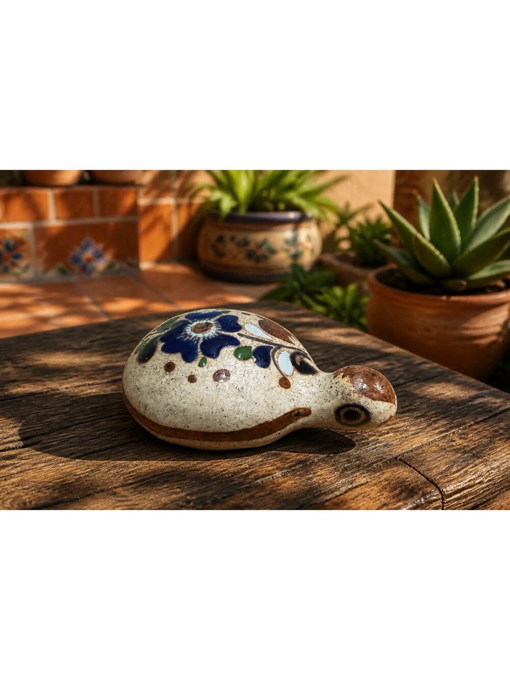 Vintage Tonala Mexican Folk Art Pottery Turtle Figurine With Bird Flowers